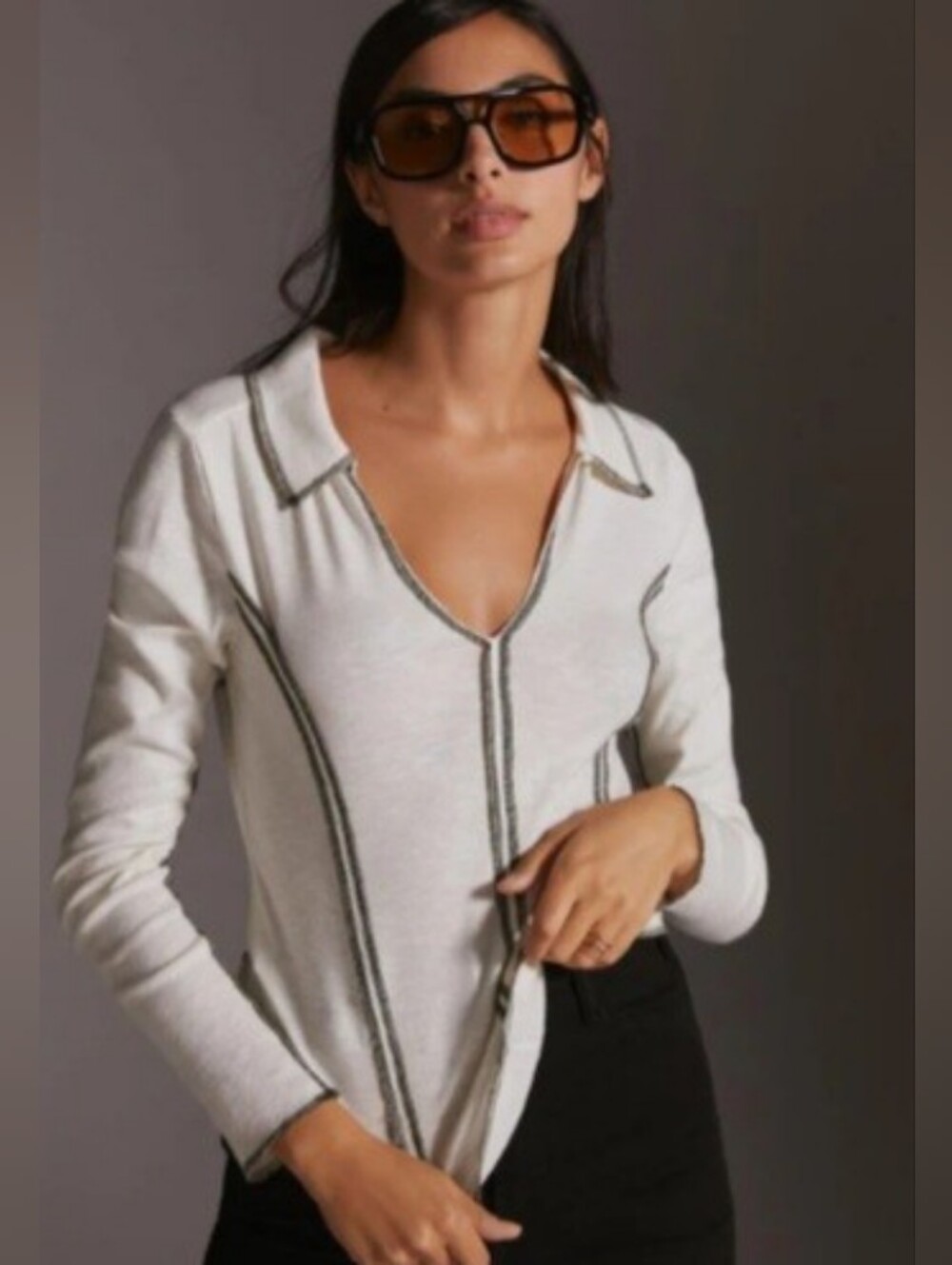 Pilcro Anthropologie White Long Sleeve Blouse Top Bold Stiched Black Seams Large